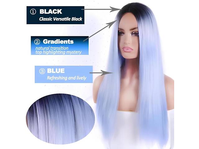Довге блакитне волосся парик омбре RESTEQ 66 см, пряме волосся градієнт, парики з високоякісних синтетичних волокон. - Фото 2