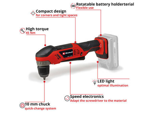 Дрель Einhell угловая TE-AD 18 Li - Solo PXC 18В, 1100 об/мин, 45Нм (без АКБ и ЗУ) (4514290) - Фото 4