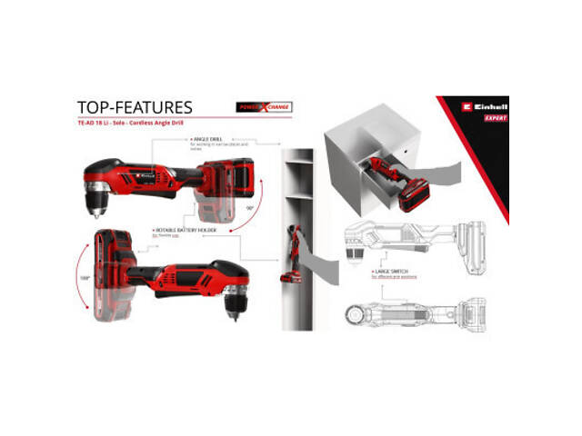 Дрель Einhell угловая TE-AD 18 Li - Solo PXC 18В, 1100 об/мин, 45Нм (без АКБ и ЗУ) (4514290) - Фото 5