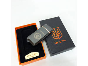 Дугова електроімпульсна запальничка USB Герб України (індикатор заряду, ліхтарик) HL-442. Колір чорний