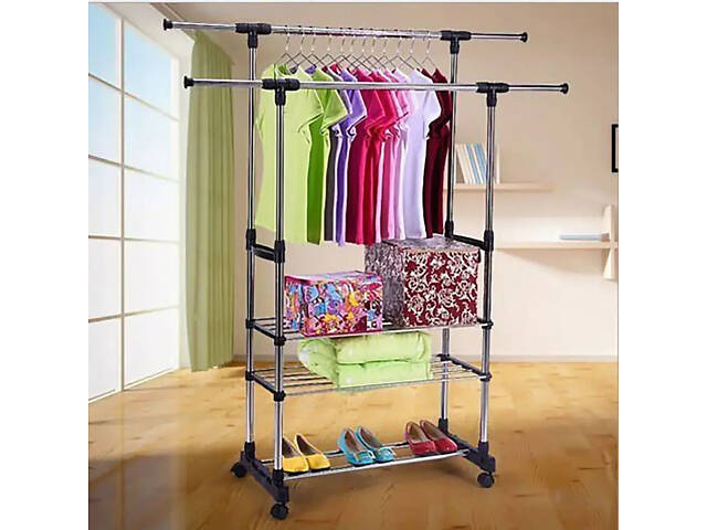 Двойная телескопическая вешалка для одежды c полкой для обуви Coat Hanger до 30 кг - Фото 4