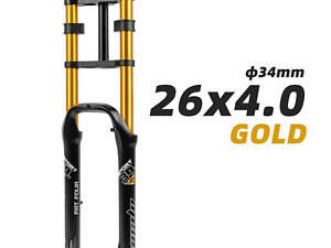 Двокоронна вилка для фетбайка Himalo 26х4.0, 135мм Fat Bike повітряна, хід 190 mm, посилена для fatbike, Золота