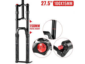 Двокорона вилка гірського велосипеда NanLio 27.5' вісь 100x15 мм, хід 150 мм, для (MTB) DH/XC, Чорна