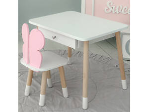 Детский белый столик с ящиком и стульчик бабочка розовый 34961