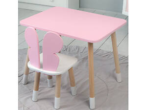 Детский прямоугольный стол и стульчик бабочка с белым сиденьем. Столик розовый детский.