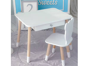 Детский столик и стульчик медвежонок белый. Столик с ящиком для карандашей и раскрасок 36095.