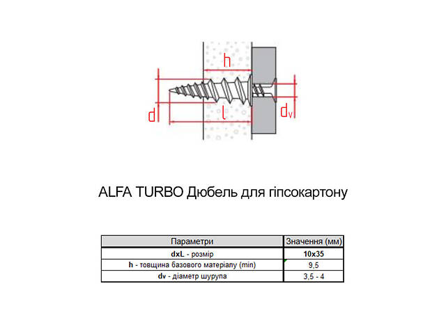 Дюбель для гіпсокартону 10х35 нейлон Ø14мм під шуруп Ø3,5-4мм (250 шт.) [92O60000092O606221] TURBO ALFA Metalvis - Фото 2
