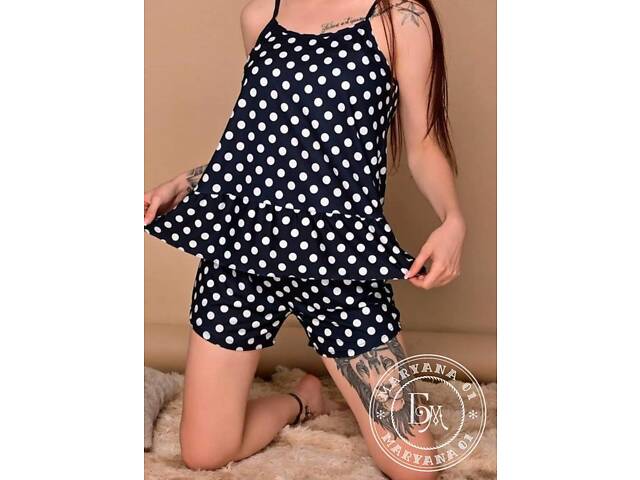 Элегантная женская пижама в горох / темно-синяя. - Фото 2