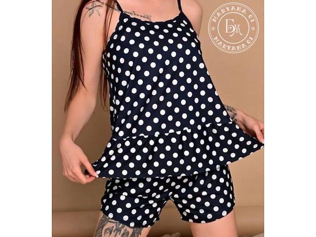 Элегантная женская пижама в горох / темно-синяя. - Фото 5