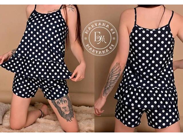 Элегантная женская пижама в горох / темно-синяя. - Фото 7