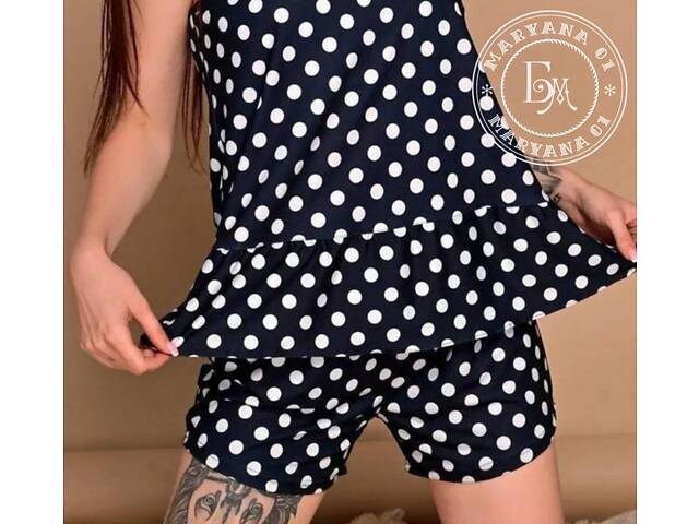 Элегантная женская пижама в горох / темно-синяя. - Фото 8