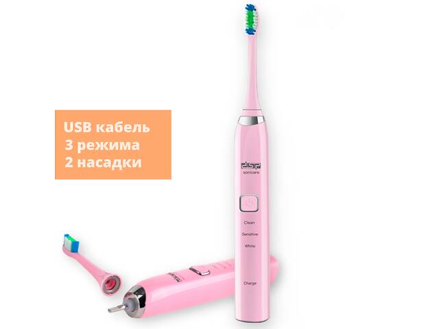 Електрична зубна щітка 3 режими/2 насадки DSP 80010A рожева 1.6W USB (DSP-80010A_529) - Фото 2
