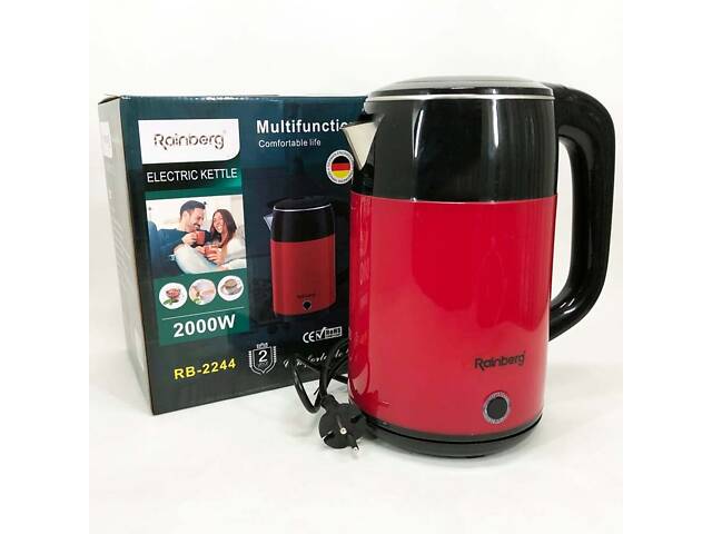 Електрочайник дисковий Rainberg RB-2244 2000 Вт 2л, електронний чайник, дисковий чайник. Колір: червоний - Фото 1