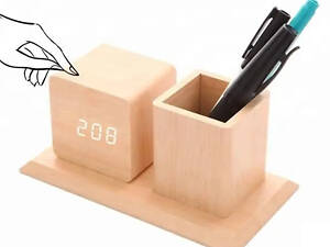 Электронные настольные часы с подставкой для канцелярии под дерево