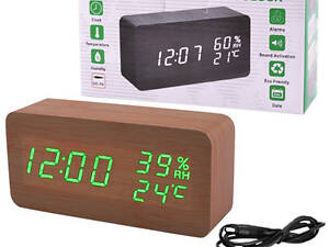 Электронные настольные часы VST-862S-4 коричневые с зеленой подсветкой, с датчиками температуры влажности