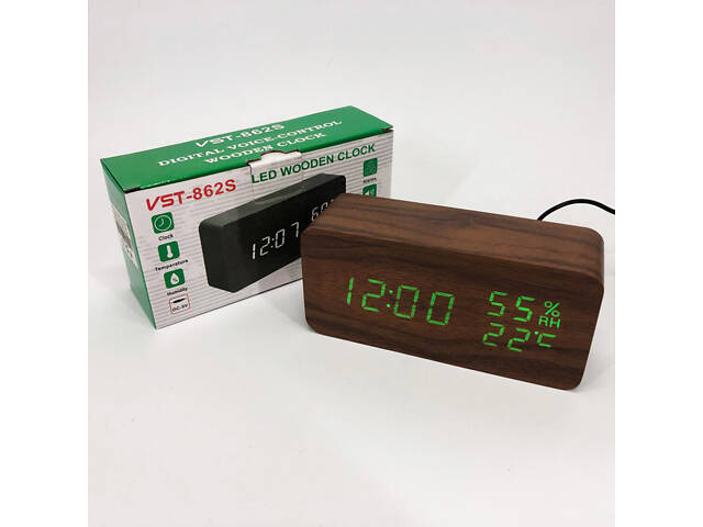 Електронні настільні годинники VST-862S-4 коричневі з зеленим підсвічуванням, з датчиками температури та вологості - Фото 2
