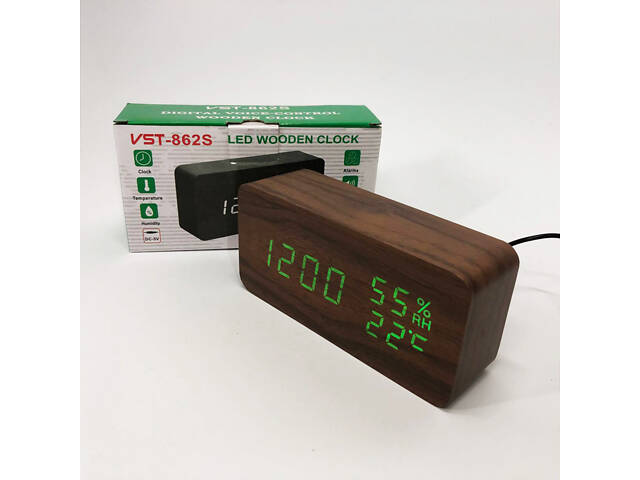 Електронні настільні годинники VST-862S-4 коричневі з зеленим підсвічуванням, з датчиками температури та вологості - Фото 4