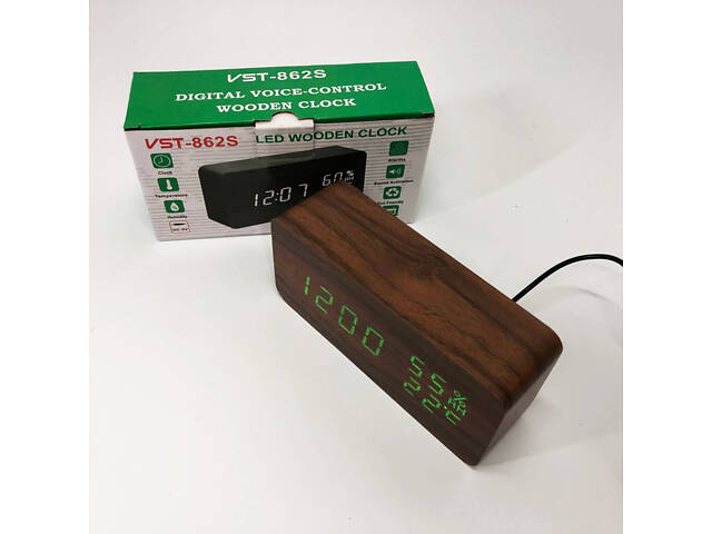 Електронні настільні годинники VST-862S-4 коричневі з зеленим підсвічуванням, з датчиками температури та вологості - Фото 5