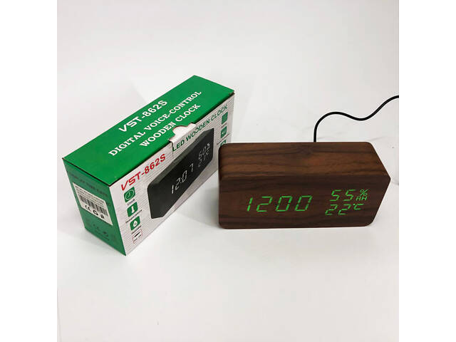 Електронні настільні годинники VST-862S-4 коричневі з зеленим підсвічуванням, з датчиками температури та вологості - Фото 6
