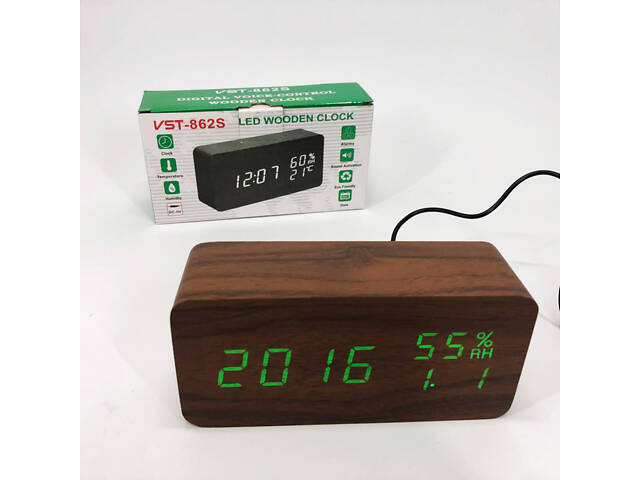 Електронні настільні годинники VST-862S-4 коричневі з зеленим підсвічуванням, з датчиками температури та вологості - Фото 7