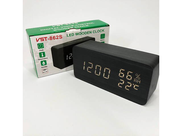 Електронні настільні годинники VST-862S-6 чорні з білим підсвічуванням, з датчиками температури та вологості - Фото 2