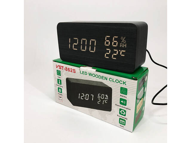 Електронні настільні годинники VST-862S-6 чорні з білим підсвічуванням, з датчиками температури та вологості - Фото 4