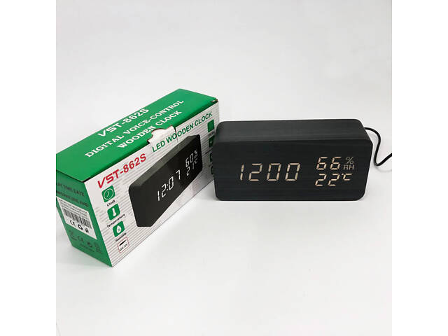 Електронні настільні годинники VST-862S-6 чорні з білим підсвічуванням, з датчиками температури та вологості - Фото 11
