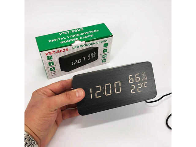 Електронні настільні годинники VST-862S-6 чорні з білим підсвічуванням, з датчиками температури та вологості - Фото 13