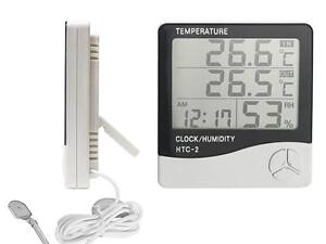 Електронний цифровий термометр гігрометр з виносним датчиком і годинником Ketontek НТС-2