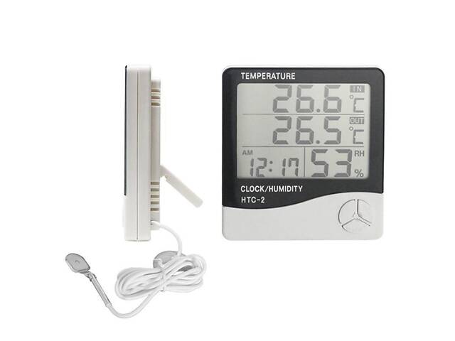 Електронний цифровий термометр гігрометр з виносним датчиком і годинником Ketontek НТС-2 - Фото 1