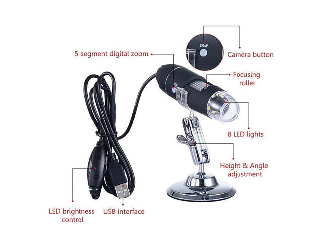 Електронний USB Мікроскоп RESTEQ із збільшенням 1600X, цифровий мікроскоп з камерою та штативом для паяння, науки та ремонту - Фото 8