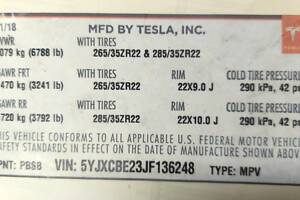Етикетка (лейба, наклейка) основна з виробничою інформацією Tesla model X 100 D 1462927-00-C