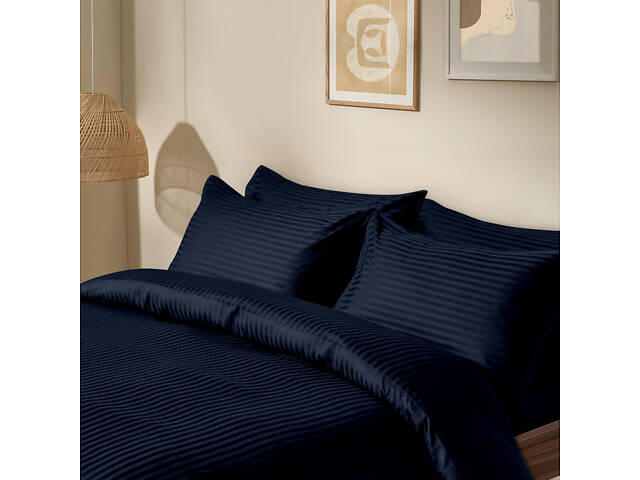 Евро постель сатин с простыней на резинке NAVY Cosas Синий 200х220 см - Фото 2