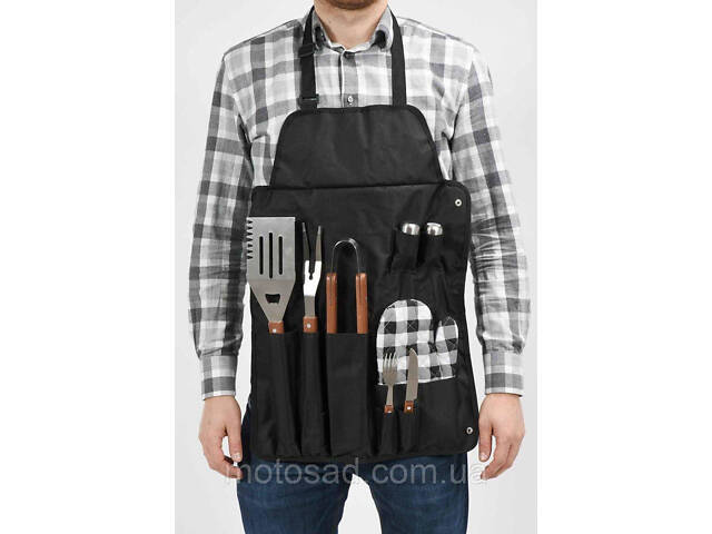 Фартук для гриля VOREL з кишенями та інструментами, 8 предметів, набір для барбекю та приготування грилю - Фото 1