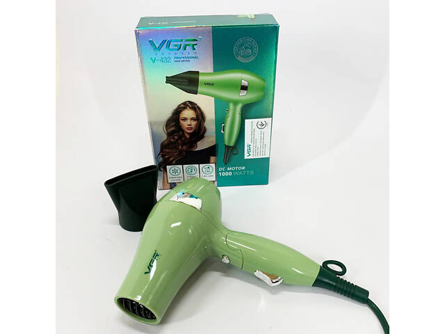 Фен для волосся дорожній VGR V-432 GREEN, з концентратором 1000 Вт, іонізація та 2 режими. Колір: зелений - Фото 1