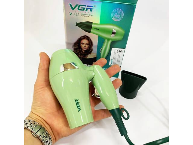 Фен для волосся дорожній VGR V-432 GREEN, з концентратором 1000 Вт, іонізація та 2 режими. Колір: зелений - Фото 2