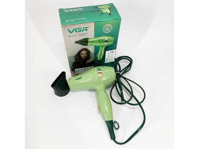Фен для волосся дорожній VGR V-432 GREEN, з концентратором 1000 Вт, іонізація та 2 режими. Колір: зелений - Фото 4