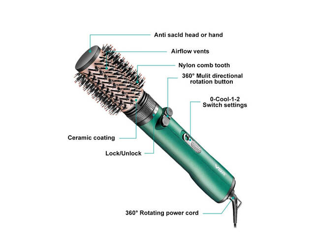 Фен-щітка для волосся VGR V-498 2 рівні обдування 2 рівні температур 1200W (2 насадки) - Фото 3