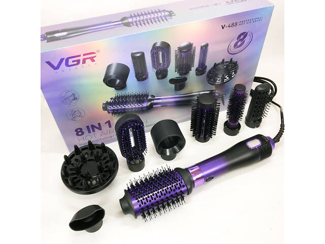 Фен-щітка стайлер VGR 8 в 1 V-488. Колір: фіолетовий - Фото 1