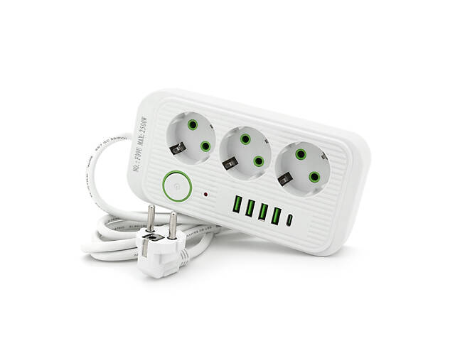 Фільтр мережі F09U, 3 розетки EU + 4 USB + 1PD, кнопка включення з індикатором, 2 м, 3х0,75мм, 2500W, White, - Фото 1