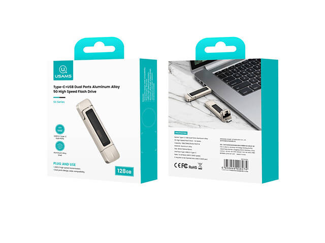 Флеш-накопитель Usams US-ZB274 2in1 USB 3.2 + Type-C GEN1 Dual Ports Aluminum Alloy 5G – 128GB Silver - Фото 6