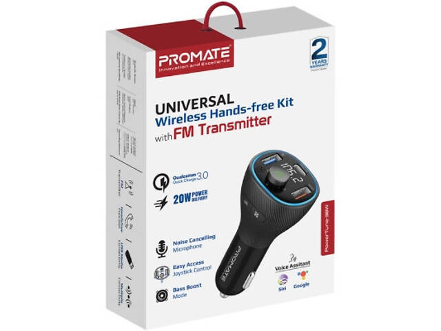 FM-модулятор Promate PowerTune 38w USB-A OTG/USB-A QC3.0/USB-C PD Black (powertune-38w.black) - Фото 2