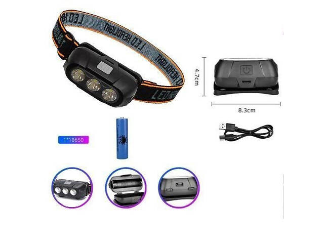 Ліхтар налобний акумуляторний KX-214-3LED, потужний світлодіодний ліхтарик на голову водонепроникний - Фото 4