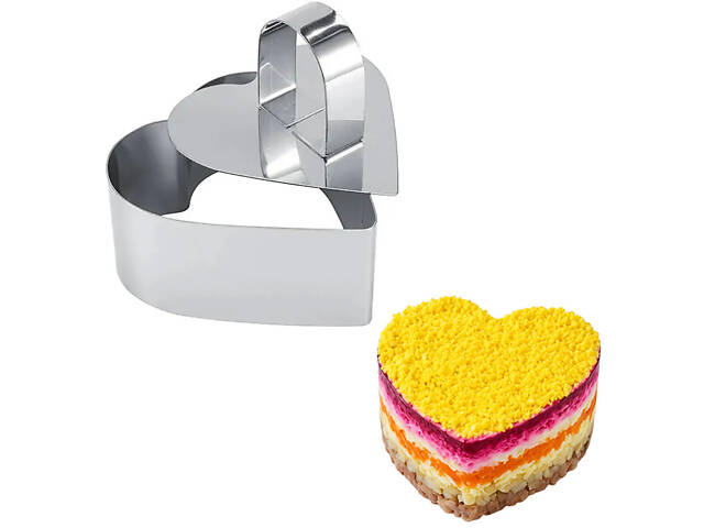 Форма кулінарна з виштовхувачем у формі серця для викладання/вирубки мусів, салатів і гарнірів із нержавіючої сталі 8 х 8 см - Фото 1