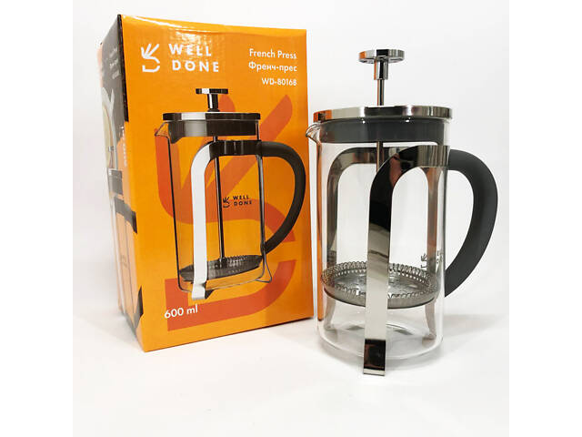 Френч прес Well Done WD-8016B з ручкою soft-touch 600 мл, Френч прес скляний на кухню - Фото 1
