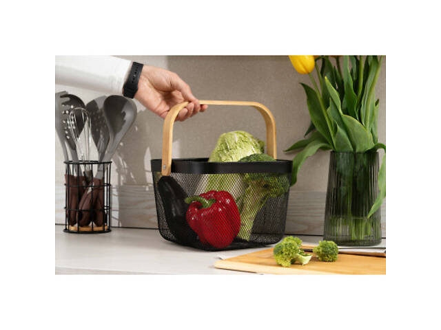 Фруктовница Ardesto Midori з ручкою 25х24.5х18см, метал, дерево, чорний (AR0901B) - Фото 6
