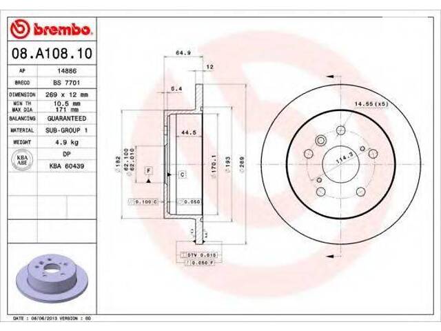 Гальмівний диск BREMBO 08A10810 на TOYOTA CAMRY седан (MCV3_, ACV3_, _XV3_)