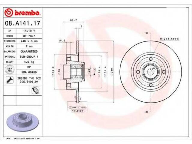 Гальмівний диск BREMBO 08A14117 на RENAULT MODUS / GRAND MODUS (F/JP0_)