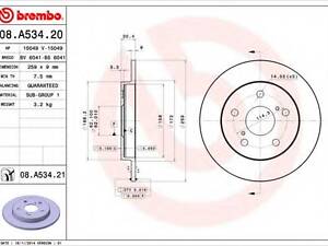 Гальмівний диск BREMBO 08A53420 на TOYOTA ALTIS седан (E15_)