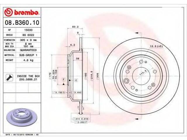 Гальмівний диск BREMBO 08B36010 на HONDA ACCORD EURO VIII седан (CU)